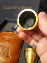 Load image into Gallery viewer, J.M. The Original Glass Flask Genuine Leather 6 3/4 Oz Brass Lid & Funnel CIB