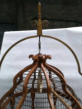 Load image into Gallery viewer, Beautiful and unique Vintage Hanging Wood Inlaid And Metal Birdcage W/ Stand 80”