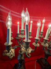 Load image into Gallery viewer, Antique 19th Century Candelabra Lamps, Brass on Heavy Marble 31” Tall