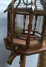 Load image into Gallery viewer, Beautiful and unique Vintage Hanging Wood Inlaid And Metal Birdcage W/ Stand 80”