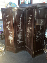 Load image into Gallery viewer, CHINESE 4 PANEL COROMANDEL BLACK LAQUERED SCREEN WITH MOTHER OF PEARL OVERLAY!!