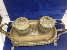 Load image into Gallery viewer, Vintage Solid Brass Double Lidded Ink Well Ink Holder with Snake Handle Accents