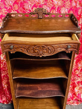 Load image into Gallery viewer, Antique Carved Wood Display Cabinet Floral Basket Crest Rococo Revival 54x24x12