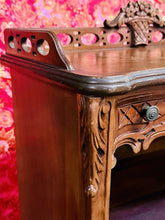 Load image into Gallery viewer, Antique Carved Wood Display Cabinet Floral Basket Crest Rococo Revival 54x24x12