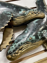 Load image into Gallery viewer, RARE Vintage SPI San Pacific Int’l HUMPBACK WHALES Hanging Brass Sculpture 26x17