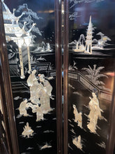 Load image into Gallery viewer, CHINESE 4 PANEL COROMANDEL BLACK LAQUERED SCREEN WITH MOTHER OF PEARL OVERLAY!!