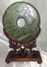 Load image into Gallery viewer, Vintage Faux Jade Green Stone Carved Bi Disc Dragon Phoenix w/ Wood Stand
