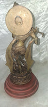 Load image into Gallery viewer, Vintage Indian Brass Krishna Flute Statue Hindu Deity Sculpture on Wood Base 12"
