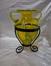 Load image into Gallery viewer, Vintage Yellow/Green Hand Blown Art Glass Amphora Vase w/ Metal Stand 12" Tall
