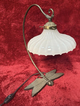 Load image into Gallery viewer, Vintage Dragonfly Brass Table Lamp With Unique Milk Glass Shade Unique &amp; Rare
