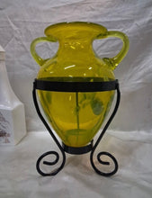 Load image into Gallery viewer, Vintage Yellow/Green Hand Blown Art Glass Amphora Vase w/ Metal Stand 12" Tall
