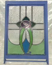 Load image into Gallery viewer, Vintage Stained Glass Cabinet Door Window Panel Floral Design Blue Wood Frame
