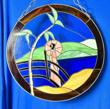 Load image into Gallery viewer, Vintage Round Stained Glass Japanese Geisha Girl W/ Umbrella Framed Panel 21.5”
