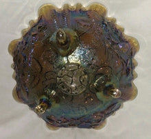 Load image into Gallery viewer, Vintage Carnival Glass Rose Pattern Footed Bowl Iridescent Ruffled Edge 9"

