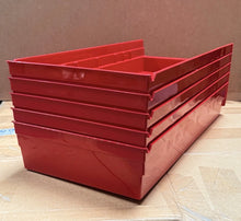 Load image into Gallery viewer, ULINE S-19946 Red Plastic Shelf Bin Storage Totes Lot of 5 Stackable
