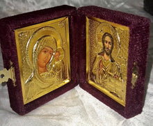 Load image into Gallery viewer, Orthodox Christian Travel Icon Diptych Jesus Christ Virgin Mary Gold Tone Velvet
