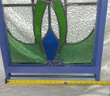 Load image into Gallery viewer, Vintage Stained Glass Cabinet Door Window Panel Floral Design Blue Wood Frame
