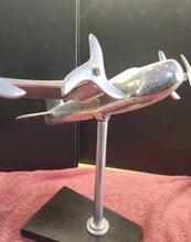 Load image into Gallery viewer, Vintage Chrome Metal Flying Airplane Desk Model Art Deco Wood Base MCM Atomic
