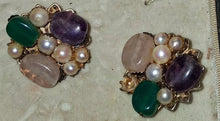 Load image into Gallery viewer, Vintage Gold Tone Necklace Bracelet Earrings Set Faux Pearl Gemstone Cabochons
