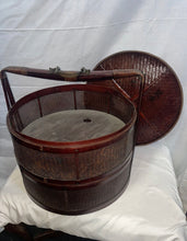 Load image into Gallery viewer, Antique Chinese Wedding Basket with Wood Carved Handles Woven Sides Top EFOC!
