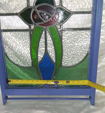 Load image into Gallery viewer, Vintage Stained Glass Cabinet Door Window Panel Floral Design Blue Wood Frame
