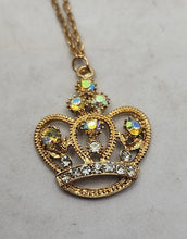 Load image into Gallery viewer, Dainty Openwork Goldtone Crown Sparkling Rhinestones Sculpted Pendant Necklace
