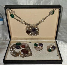 Load image into Gallery viewer, Vintage Gold Tone Necklace Bracelet Earrings Set Faux Pearl Gemstone Cabochons
