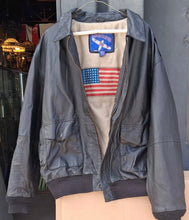Load image into Gallery viewer, Vintage Airborne Black Leather Bomber Flight Jacket XL Tall USA Flag Lined
