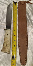 Load image into Gallery viewer, Vintage Fixed Blade Hunting Knife Stag Antler Handle Leather Sheath Unmarked
