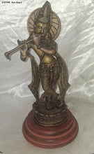 Load image into Gallery viewer, Vintage Indian Brass Krishna Flute Statue Hindu Deity Sculpture on Wood Base 12"

