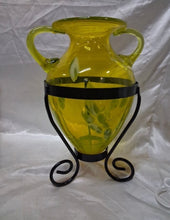 Load image into Gallery viewer, Vintage Yellow/Green Hand Blown Art Glass Amphora Vase w/ Metal Stand 12" Tall

