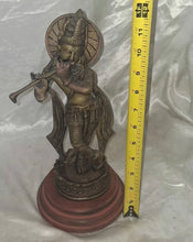 Load image into Gallery viewer, Vintage Indian Brass Krishna Flute Statue Hindu Deity Sculpture on Wood Base 12"
