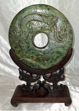 Load image into Gallery viewer, Vintage Faux Jade Green Stone Carved Bi Disc Dragon Phoenix w/ Wood Stand
