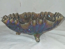 Load image into Gallery viewer, Vintage Carnival Glass Rose Pattern Footed Bowl Iridescent Ruffled Edge 9"
