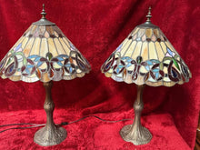 Load image into Gallery viewer, Unique, matching pair of vintage Tiffany style stained glass lamps 24”
