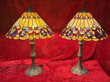 Load image into Gallery viewer, Unique, matching pair of vintage Tiffany style stained glass lamps 24”
