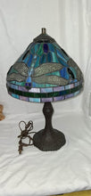 Load image into Gallery viewer, Tiffany Style Dragonfly Stained Glass Table Lamp Blue Green Bronze Base 20”

