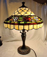 Load image into Gallery viewer, Tiffany Style Stained Glass Table Lamp Floral Rose Shade Bronze Base 2-Light
