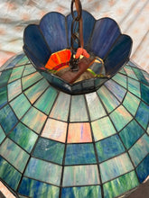 Load image into Gallery viewer, Beautiful vintage Tiffany style blue hanging lamp with hot air balloon motif
