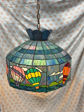 Load image into Gallery viewer, Beautiful vintage Tiffany style blue hanging lamp with hot air balloon motif
