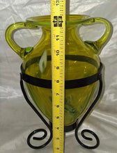 Load image into Gallery viewer, Vintage Yellow/Green Hand Blown Art Glass Amphora Vase w/ Metal Stand 12" Tall
