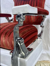 Load image into Gallery viewer, Antique 1920’s Koken White Porcelain Barber Chair Red Velvet, St. Louis
