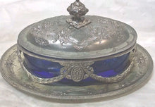 Load image into Gallery viewer, Victorian English Silver Plated Butter Dish Cobalt Blue Glass Liner EPBM
