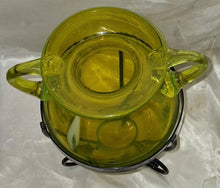 Load image into Gallery viewer, Vintage Yellow/Green Hand Blown Art Glass Amphora Vase w/ Metal Stand 12" Tall
