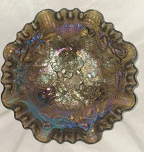 Load image into Gallery viewer, Vintage Carnival Glass Rose Pattern Footed Bowl Iridescent Ruffled Edge 9"
