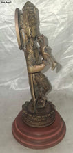 Load image into Gallery viewer, Vintage Indian Brass Krishna Flute Statue Hindu Deity Sculpture on Wood Base 12"
