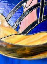 Load image into Gallery viewer, Vintage Round Stained Glass Japanese Geisha Girl W/ Umbrella Framed Panel 21.5”
