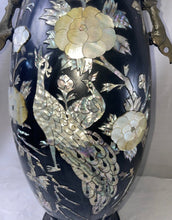 Load image into Gallery viewer, Vintage Mother of Pearl Abalone Inlayed Black Brass Vase Bird Floral Korea
