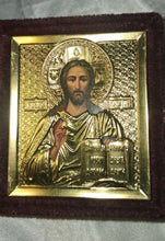 Load image into Gallery viewer, Orthodox Christian Travel Icon Diptych Jesus Christ Virgin Mary Gold Tone Velvet
