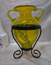 Load image into Gallery viewer, Vintage Yellow/Green Hand Blown Art Glass Amphora Vase w/ Metal Stand 12" Tall
